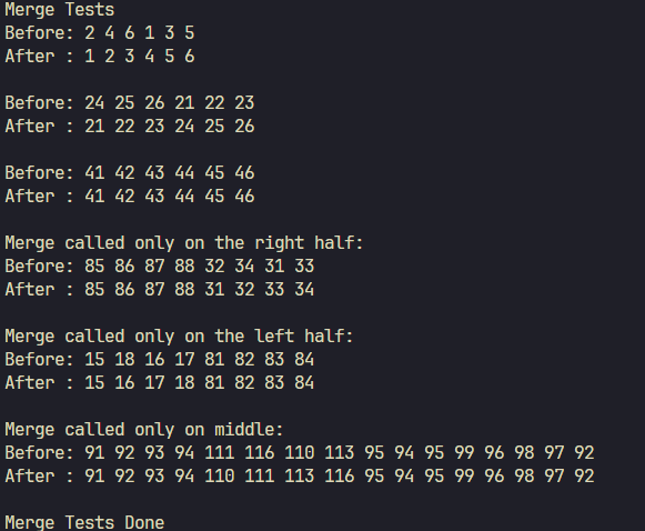 A screenshot of the output of the MIPS assembly code for the merge sort algorithm